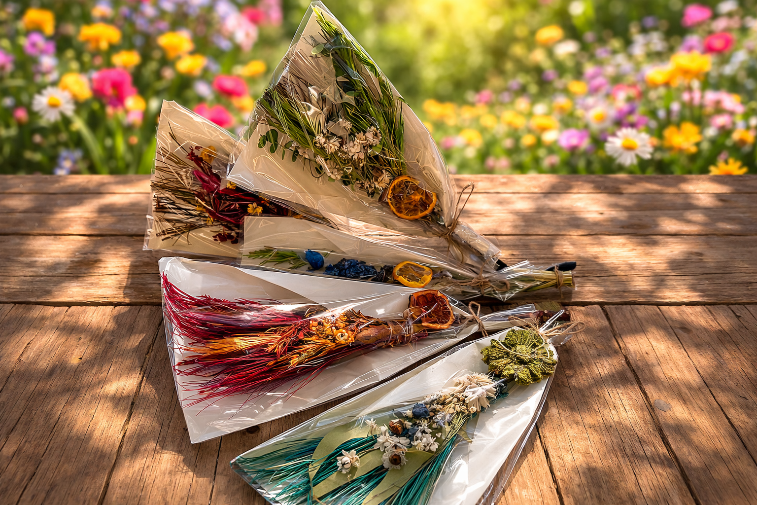 Springtime Besom Decor Brooms from Practical Magic Store featuring natural wood handles and decorative straw bristles.