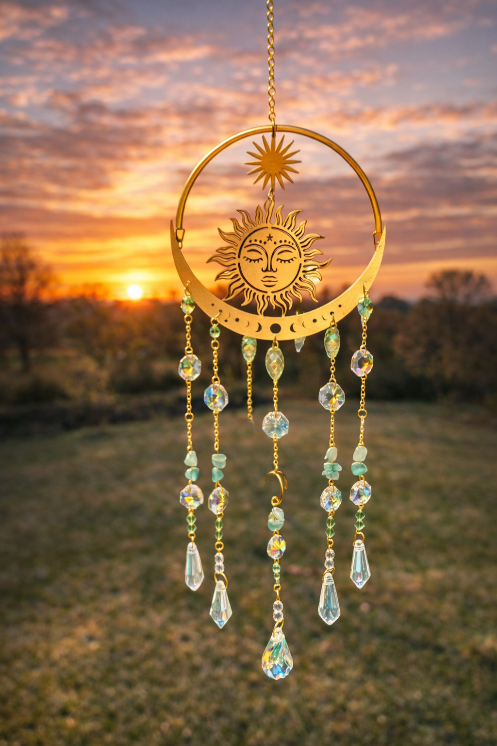 Sunshine and Growth Manifestation Suncatcher with colorful glass and decorative design, hanging in a sunny window.