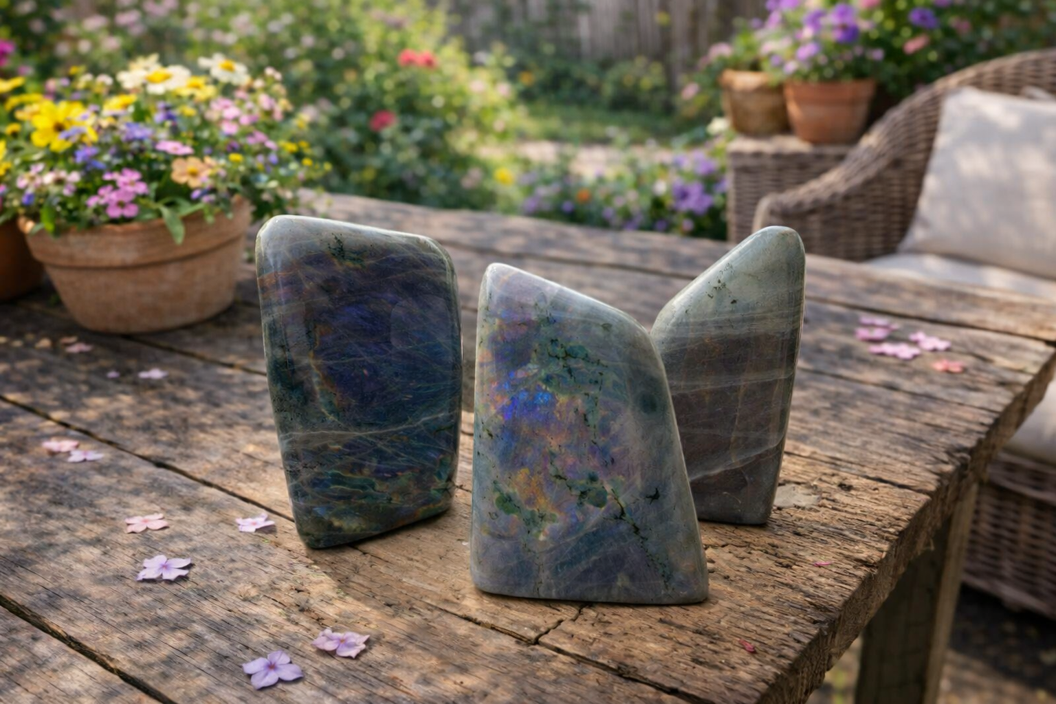 Twilight purple flash Labradorite natural crystal stone energy freeform, showcasing iridescent purple and blue hues.