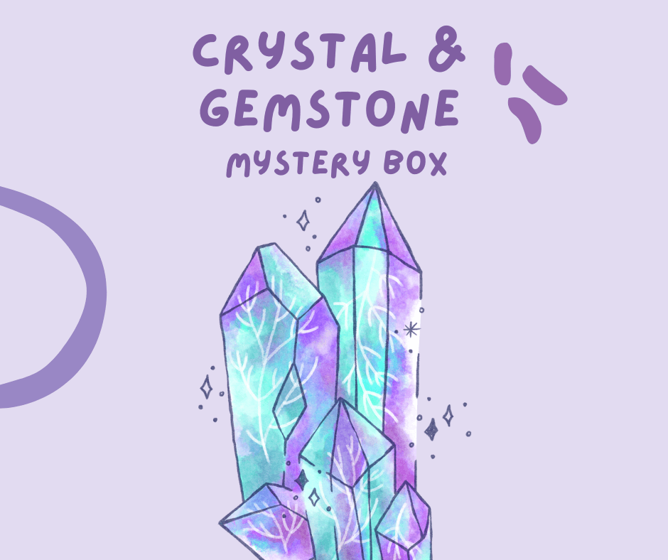 Small crystal and gemstone mystery box from Practical Magic Store featuring assorted colorful crystals and gemstones.