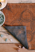 Green Glyphs Casting Cloth altar cloth by Prisma Visions featuring intricate green glyph designs on fabric.