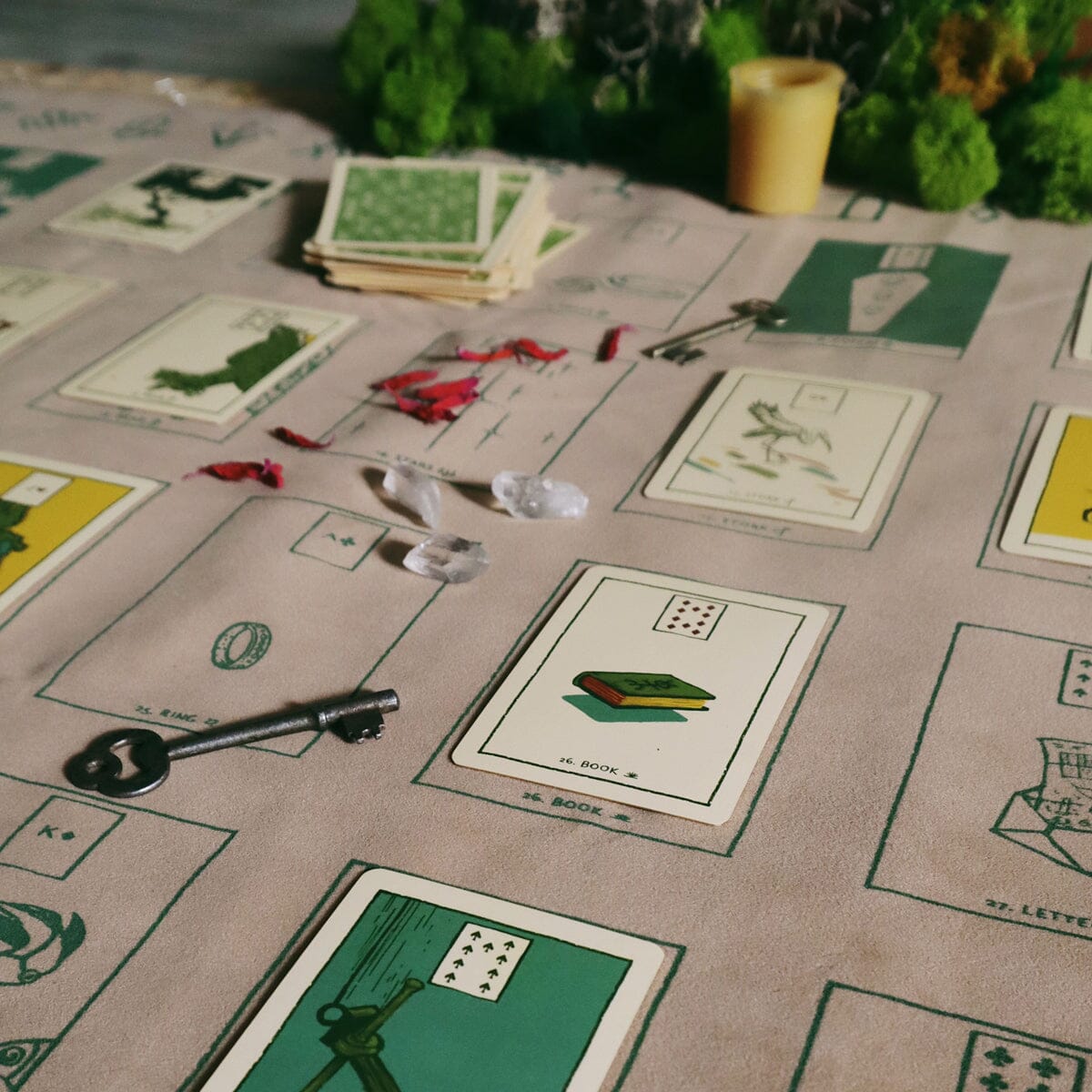 Altar cloth featuring The Houses of Lenormand design by Prisma Visions, with intricate patterns and vibrant colors on fabric.