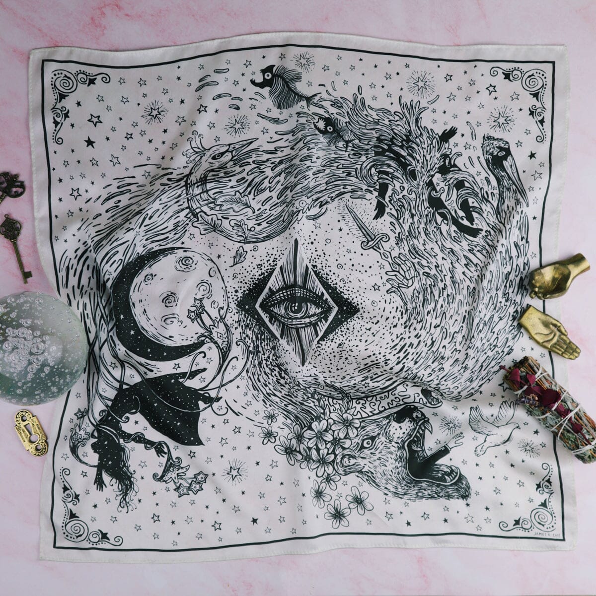Prisma Visions silk kerchief altar cloth featuring vibrant, intricate patterns in rich colors, draped on a religious altar.