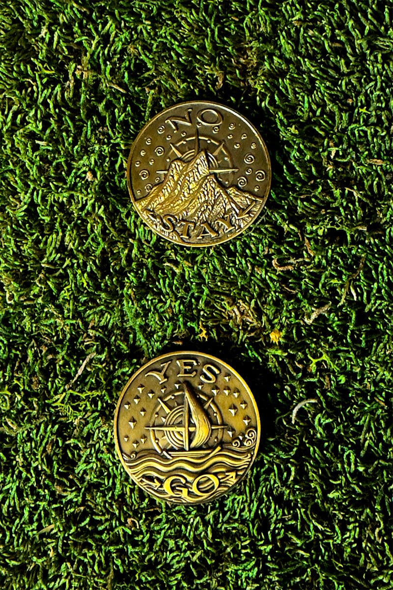 Prisma Visions Coin of Decisions, a round metal coin with detailed engravings, used for decision-making or as a collectible.