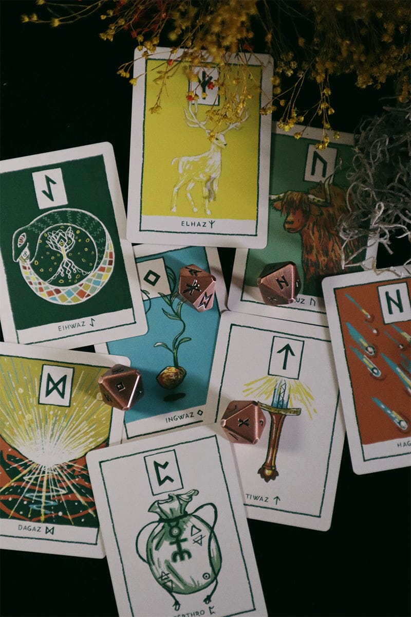 Deck of Green Glyphs Runes by Prisma Visions, featuring mystical rune symbols in a vibrant green design.