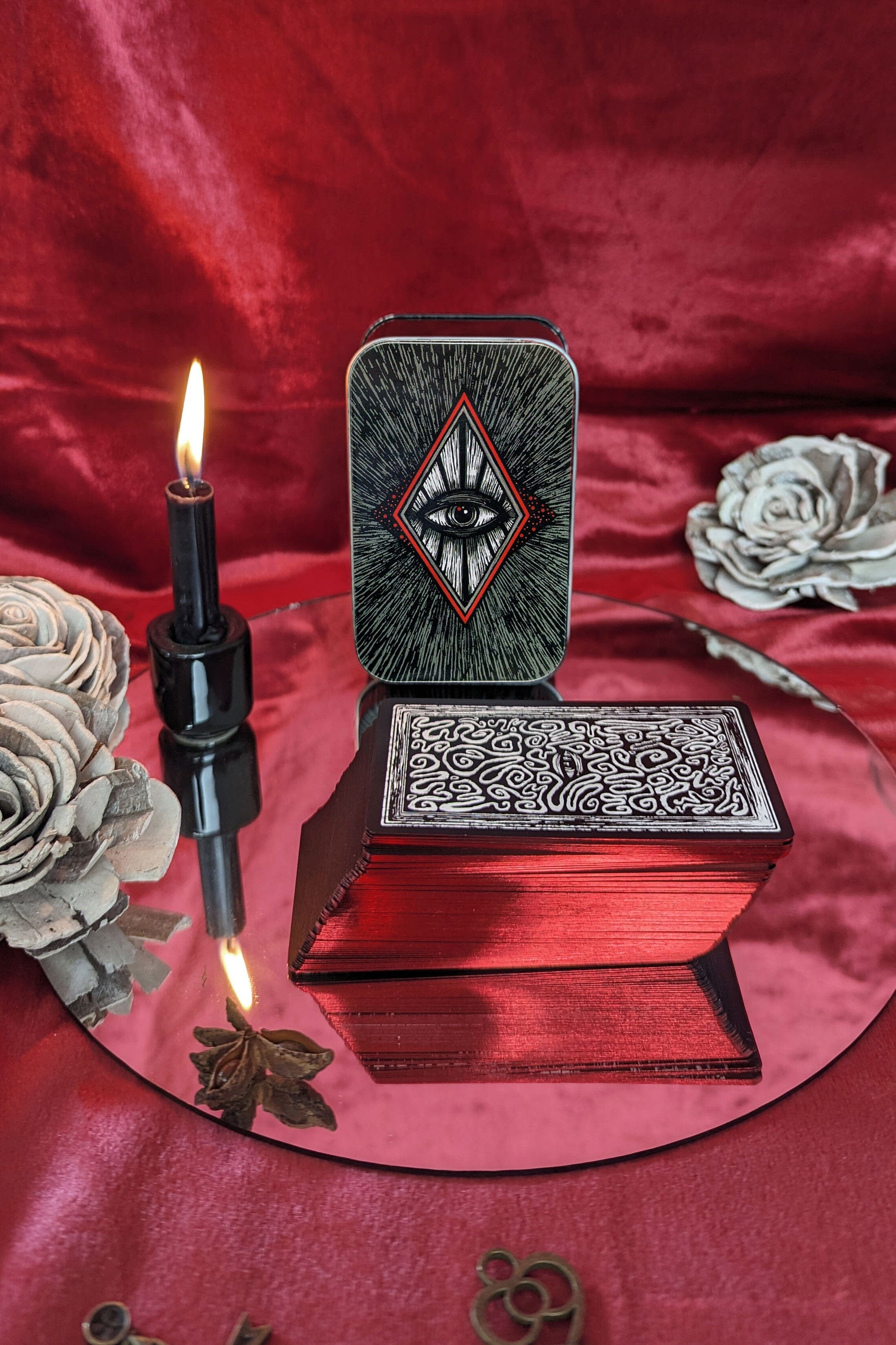 Prisma Visions Little Night Visions deck featuring vibrant, mystical artwork on tarot or oracle cards laid out in a spread.