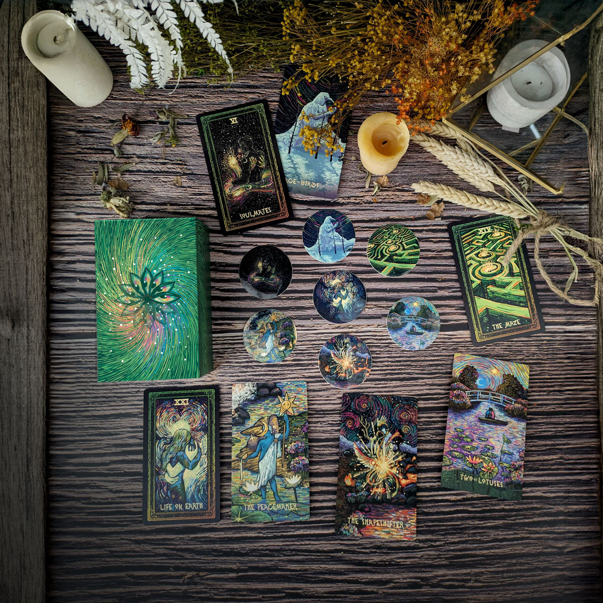 Prisma Visions Cosma Visions Oracle deck featuring colorful, artistic tarot cards in a box set.