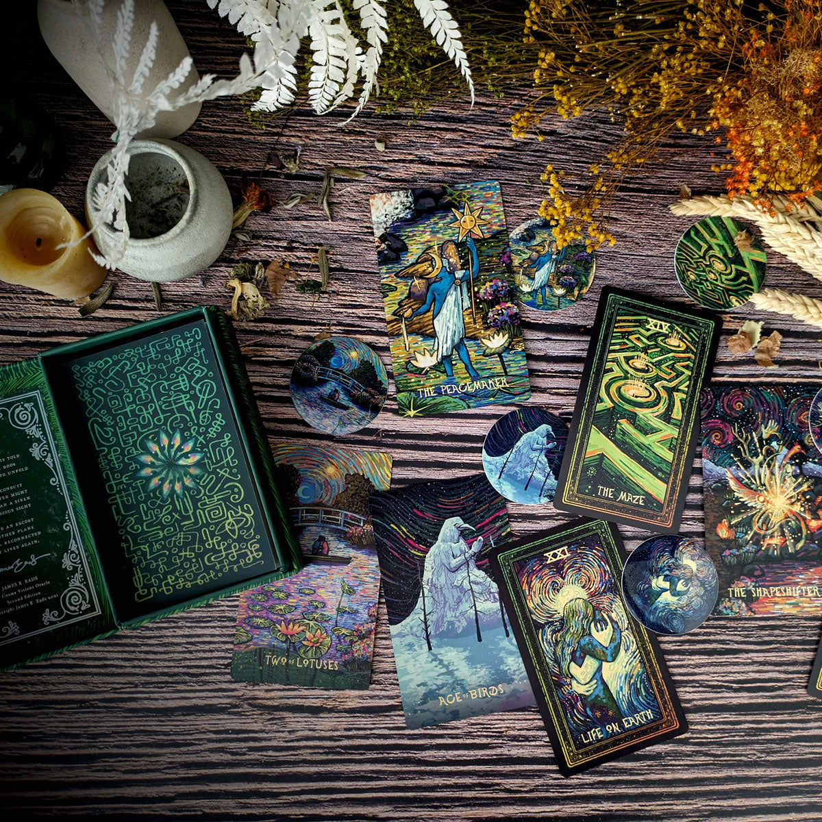 Prisma Visions Cosma Visions Oracle deck, second edition, featuring colorful, artistic card illustrations for tarot and divination.