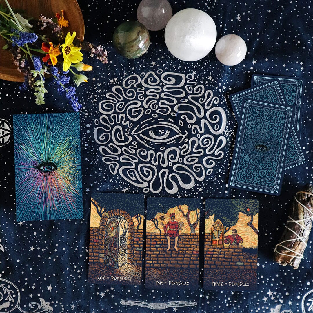 Prisma Visions Tarot Deck, Seventh Edition, featuring colorful, detailed illustrations on card backs and faces.