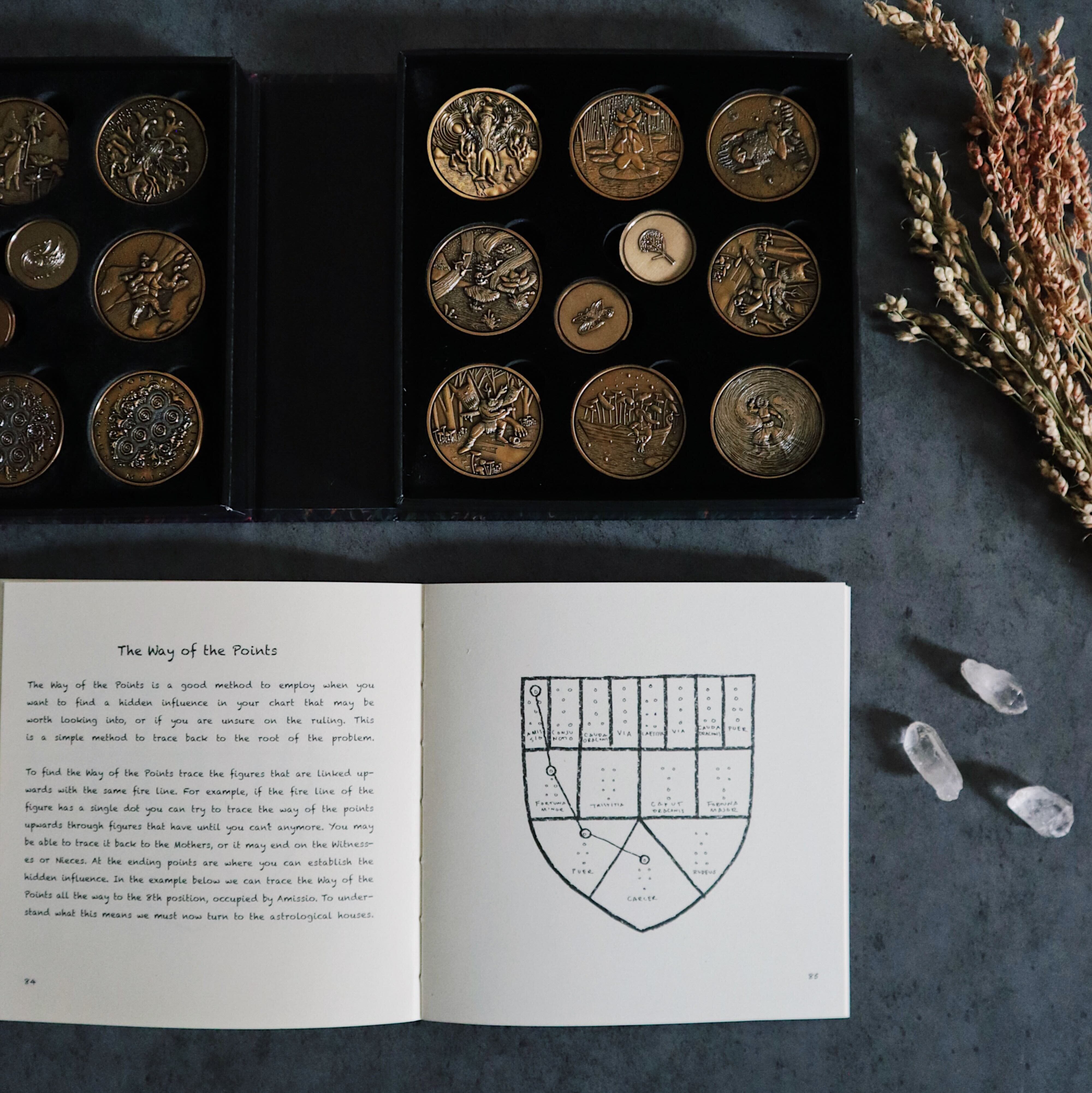 Set of 20 Prisma Visions geomancy coins with intricate symbols, used for divination and spiritual practices.