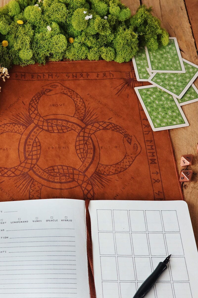 Prisma Visions Green Glyphs Divination Diary journal with mystical green glyphs cover and lined pages for writing and reflection.