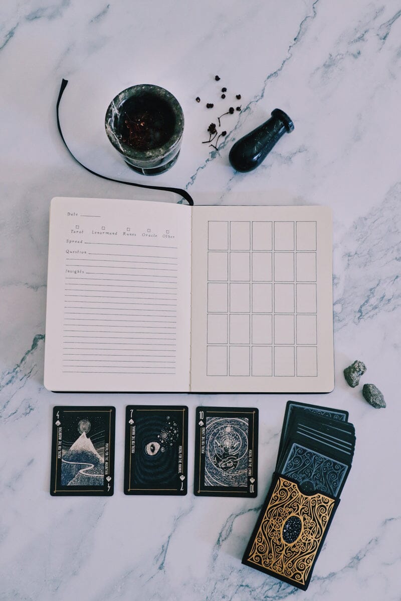 Prisma Visions Divination Diary journal with mystical cover design, featuring pages for daily reflections and tarot-inspired artwork.