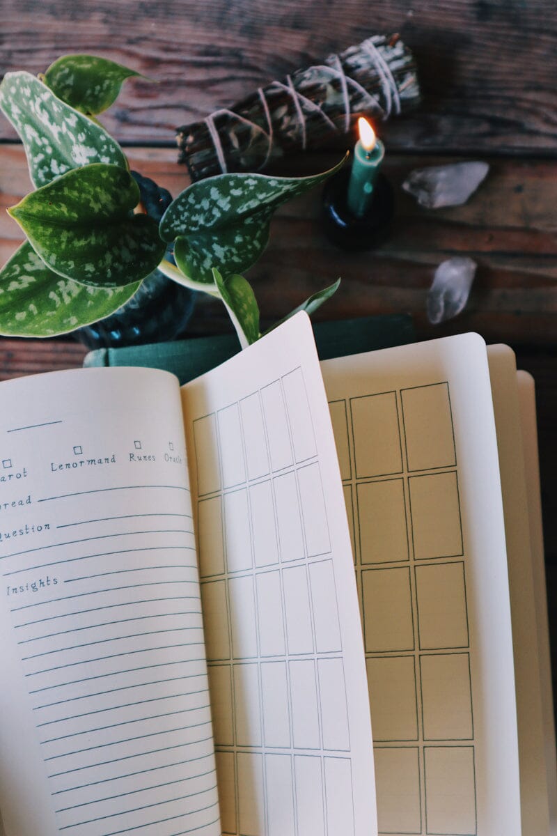 Open Prisma Visions Divination Diary journal with mystical artwork on the cover, designed for daily reflections and spiritual insights.