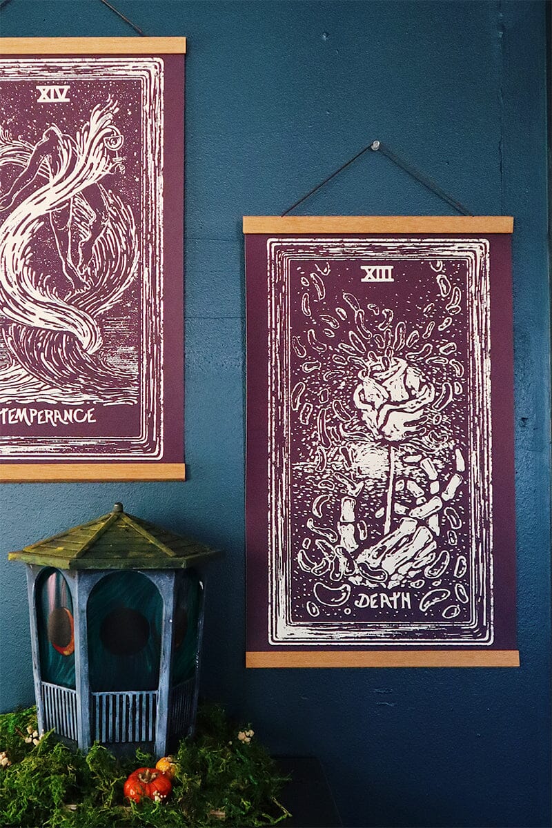 Cream-colored Prisma Visions Death Light Visions Tarot print, 12x20 inches, featuring dark, artistic tarot card imagery.