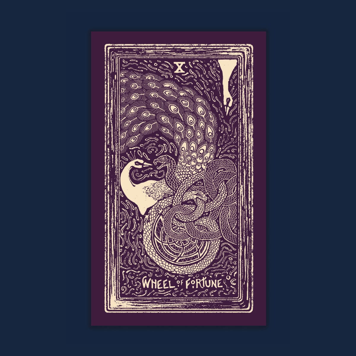 Prisma Visions Wheel of Fortune Light Visions Tarot print on cream paper, 12x20 inches, featuring intricate tarot card artwork.