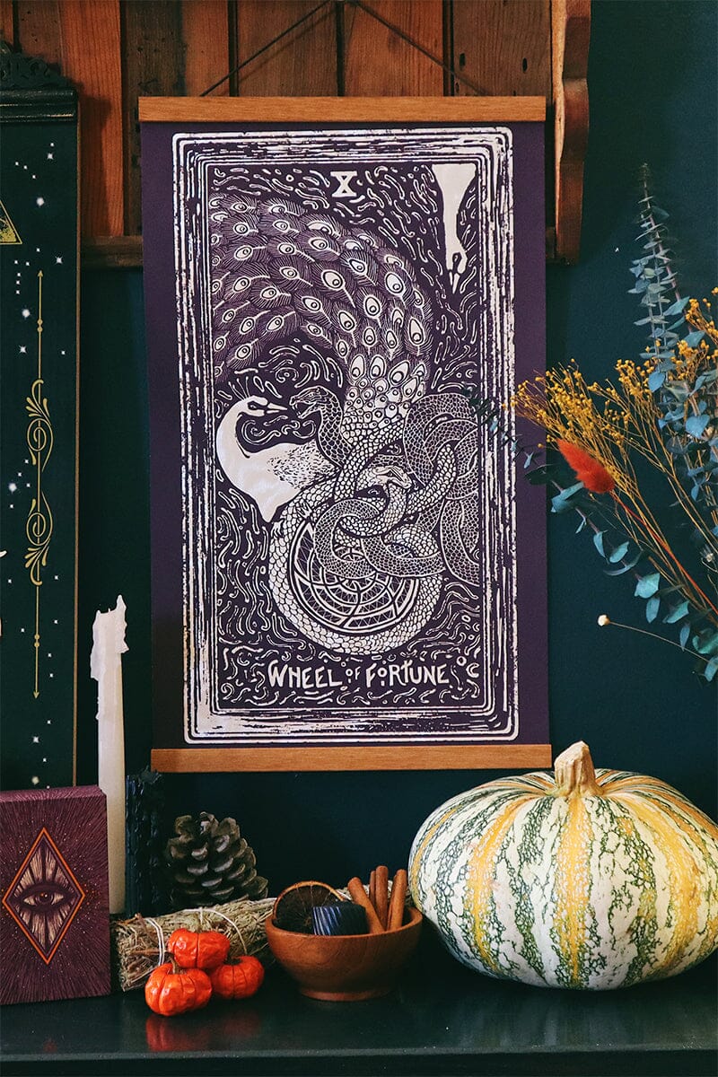 Prisma Visions Wheel of Fortune Light Visions tarot print on cream paper, 12x20 inches, featuring detailed tarot design.