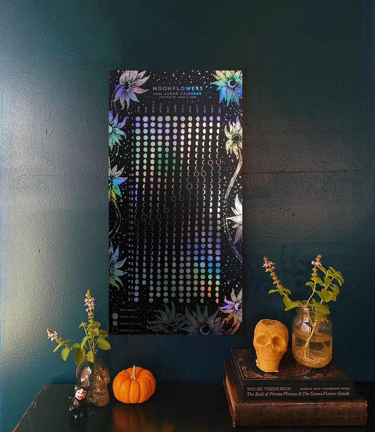 White print of the Moonflowers 2026 Lunar Calendar by Prisma Visions, featuring detailed lunar phases and celestial artwork.