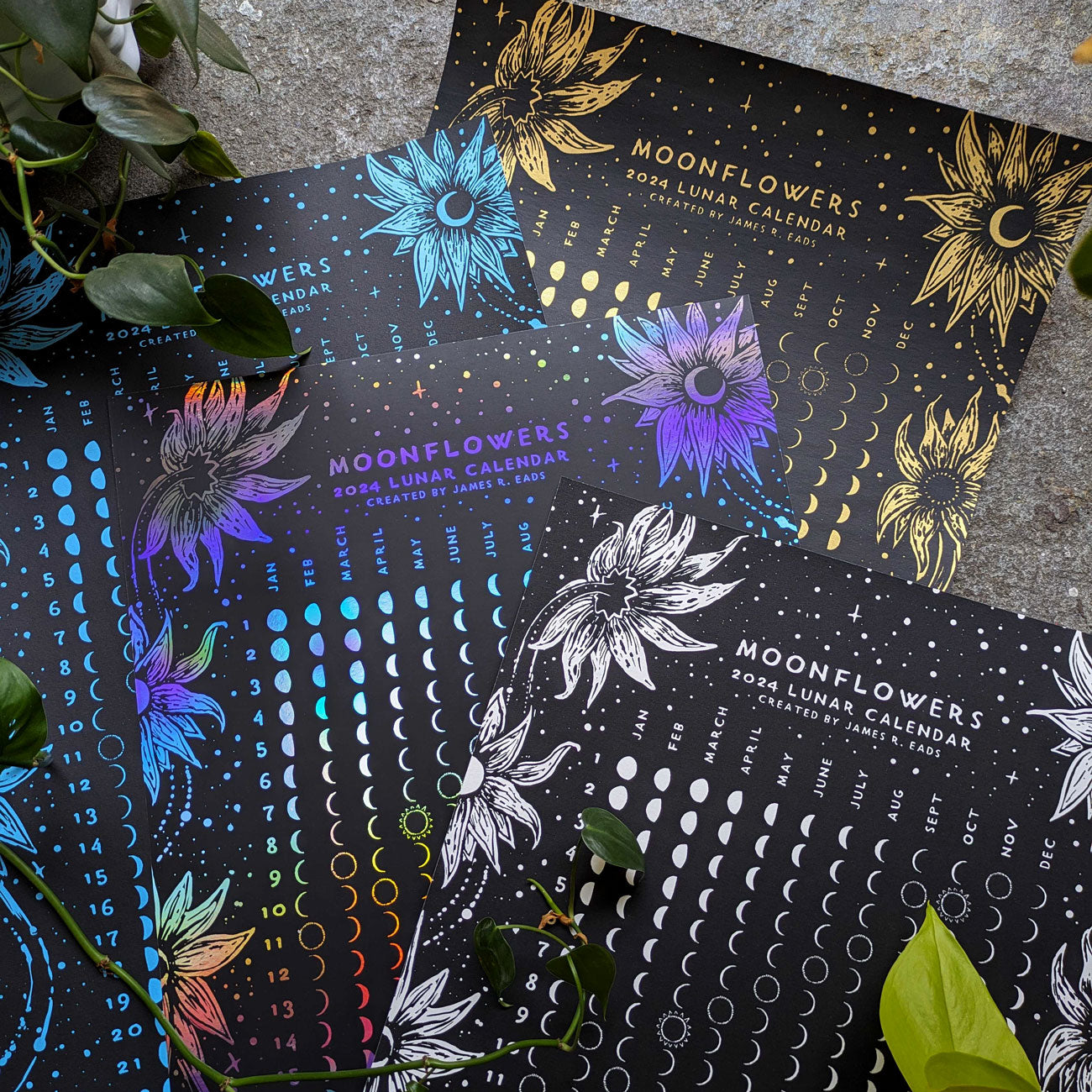 White Prisma Visions Moonflowers 2026 Lunar Calendar print featuring lunar phases and celestial artwork on high-quality paper.