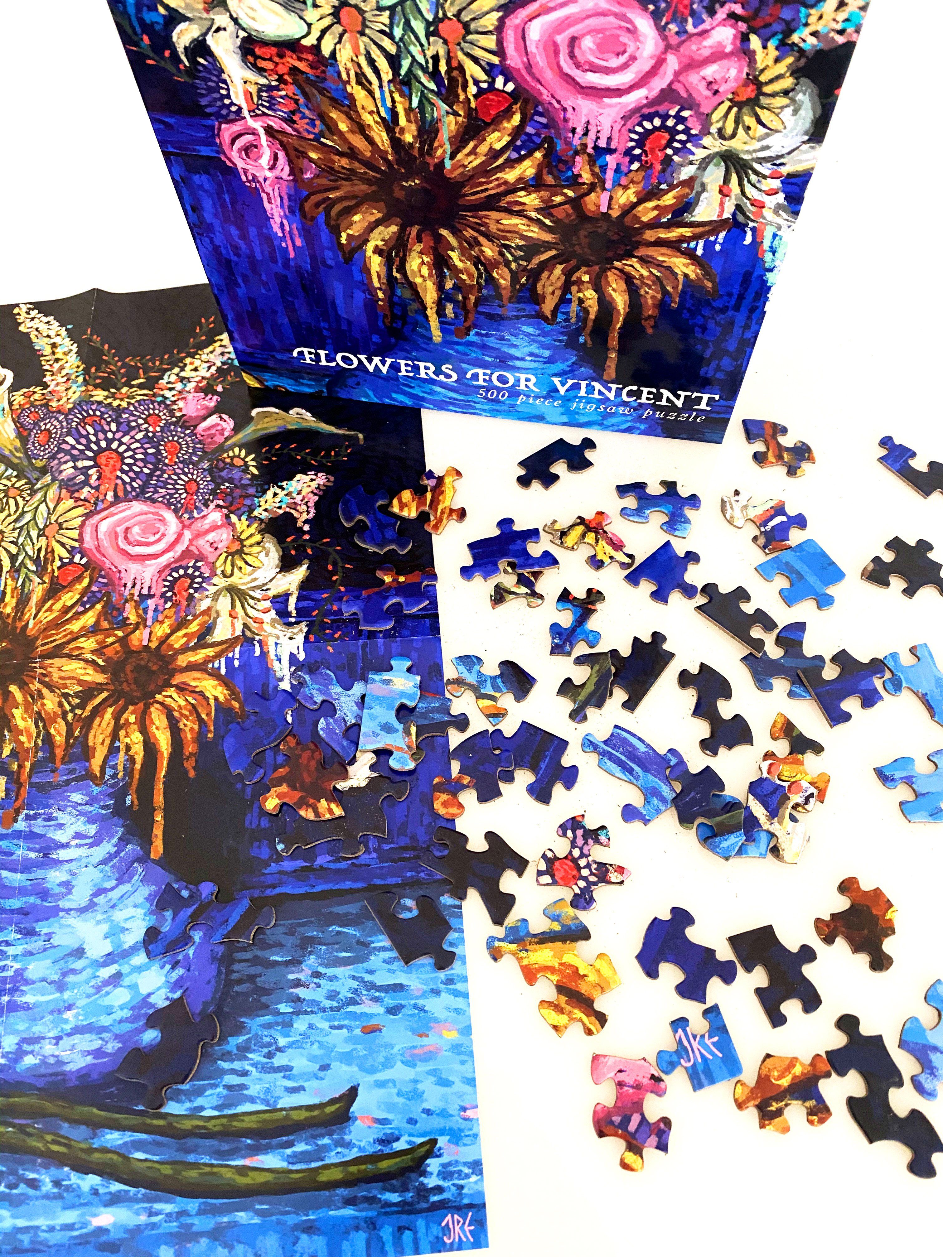 Prisma Visions Flowers for Vincent jigsaw puzzle featuring vibrant floral artwork and colorful puzzle pieces.