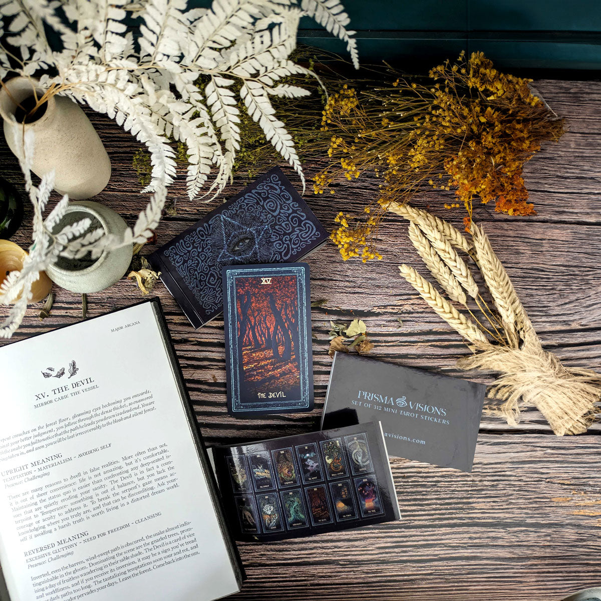 Prisma Visions Tarot sticker book featuring colorful, artistic sticker sheets with tarot card designs and mystical imagery.