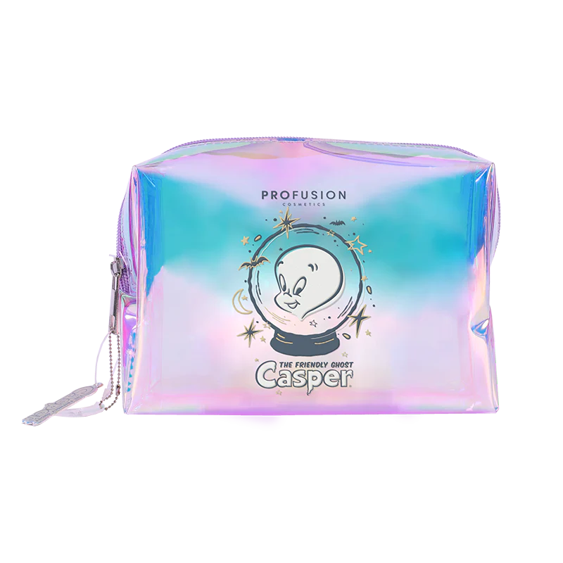 Casper the Friendly Ghost cosmetic bag with glow-in-the-dark face gems, accessories by Profusion Cosmetics, featuring a playful ghost design.