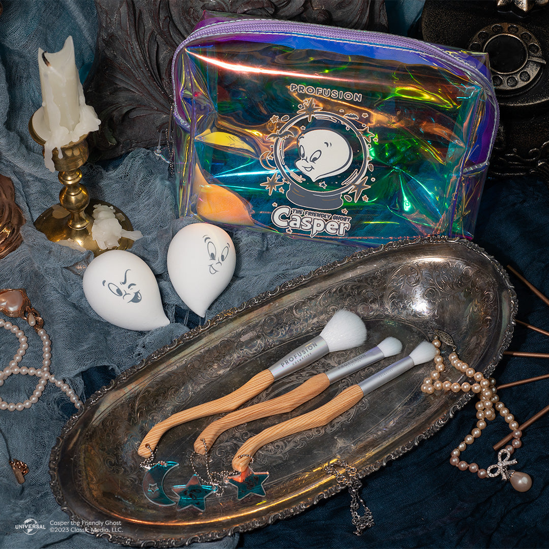 Casper the Friendly Ghost cosmetic bag with glow-in-the-dark face gems, from Profusion Cosmetics accessories collection.