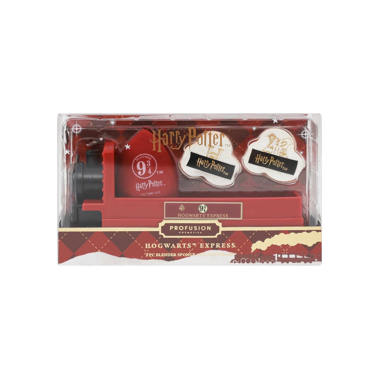 Harry Potter Hogwarts Express sponge set by Profusion Cosmetics, featuring holiday-themed accessories with magical train design.