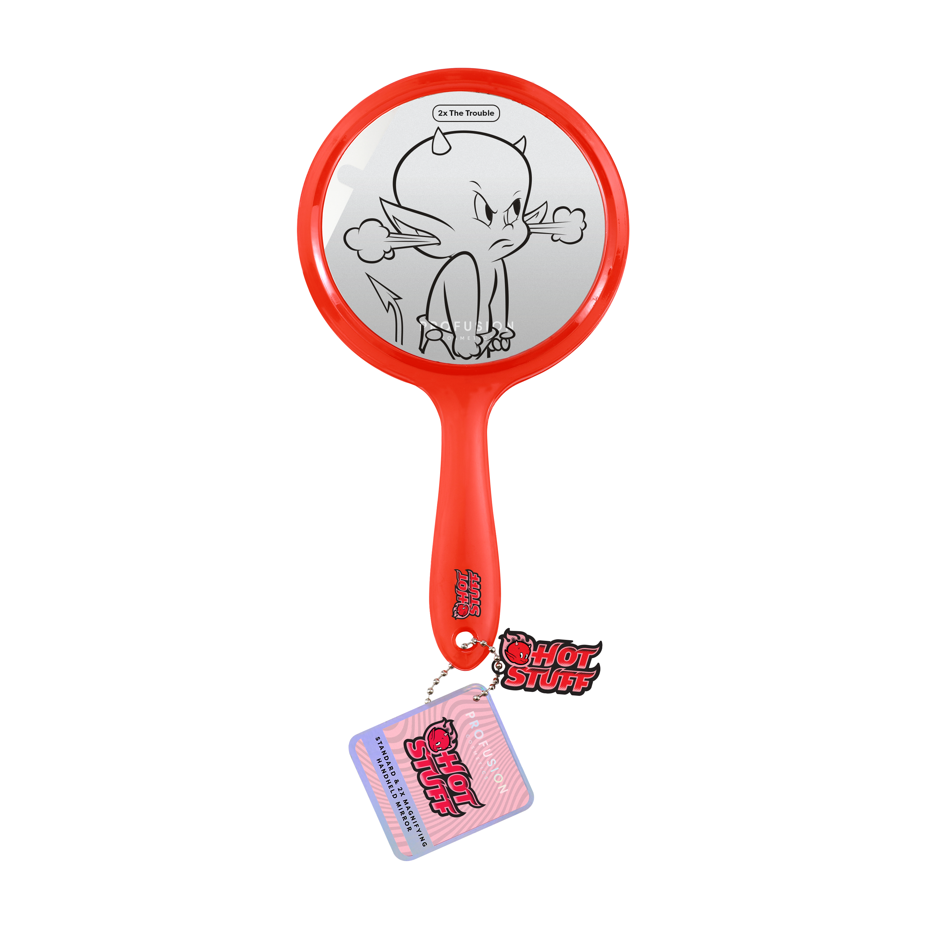 Profusion Cosmetics Hot Stuff Little Devil handheld mirror with red and black devil design, perfect as a makeup accessory.