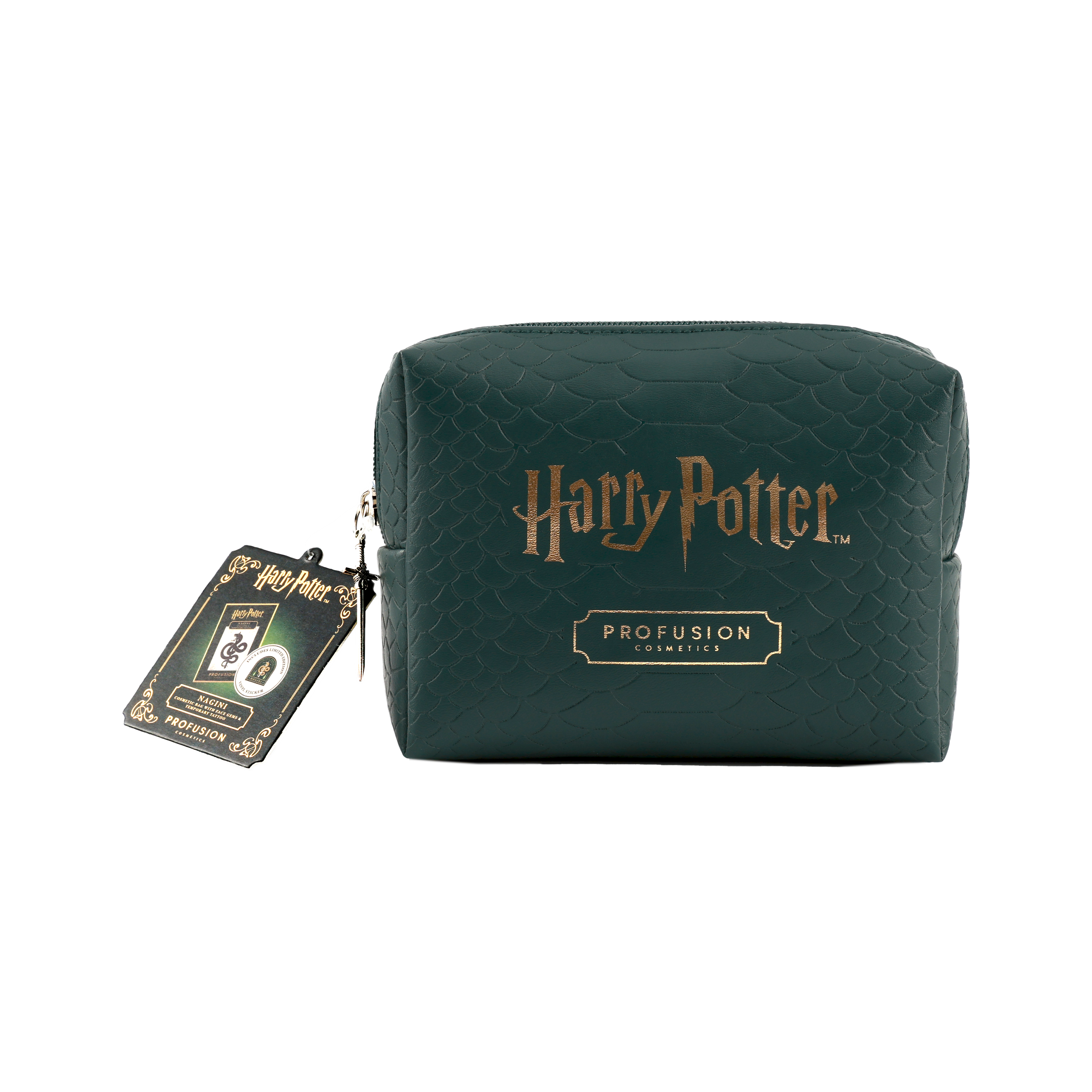 HP Dark Arts Nagini cosmetic bag by Profusion Cosmetics with face gems and temporary tattoo accessories, featuring a dark magical design.