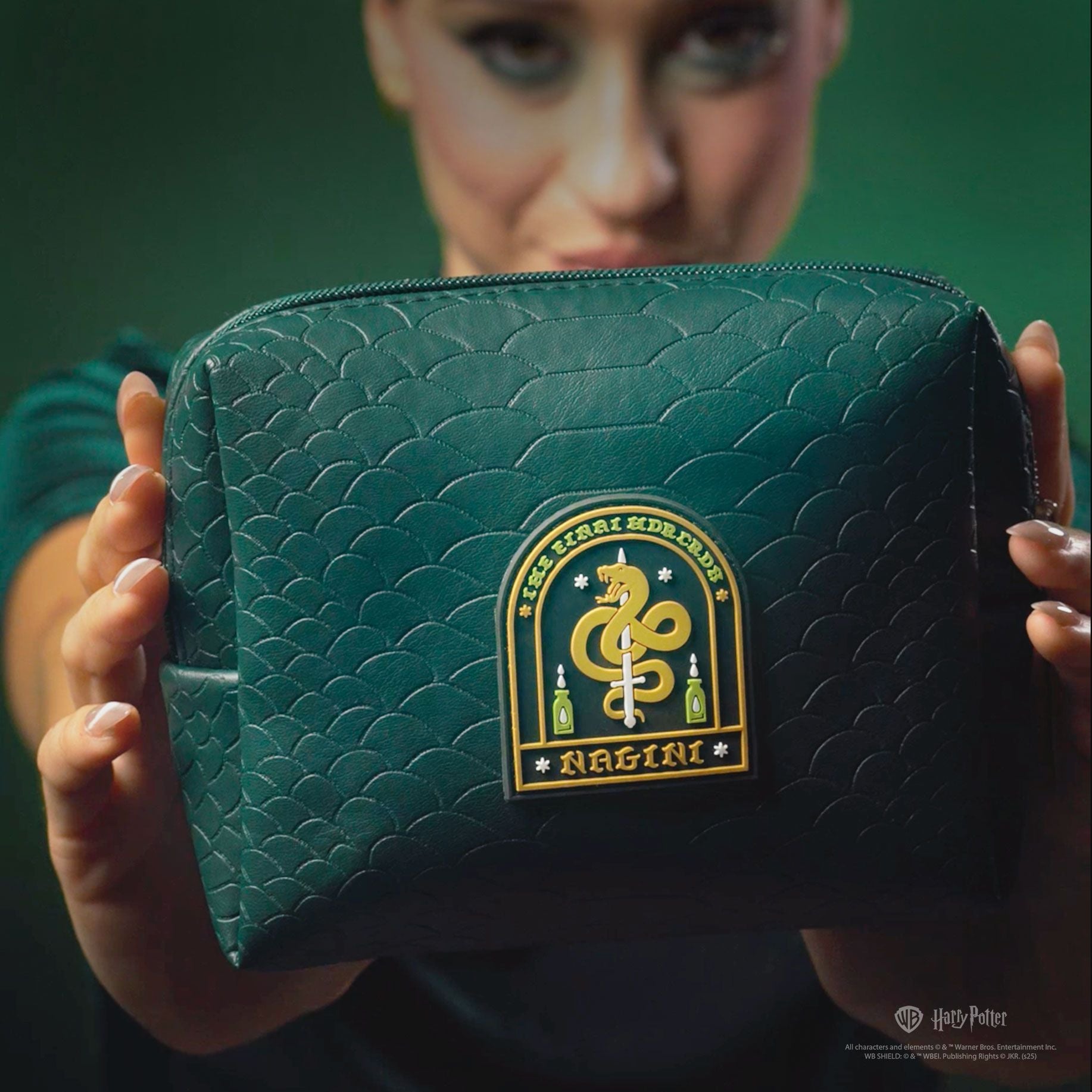 HP Dark Arts Nagini cosmetic bag by Profusion Cosmetics featuring face gems and a temporary tattoo design.
