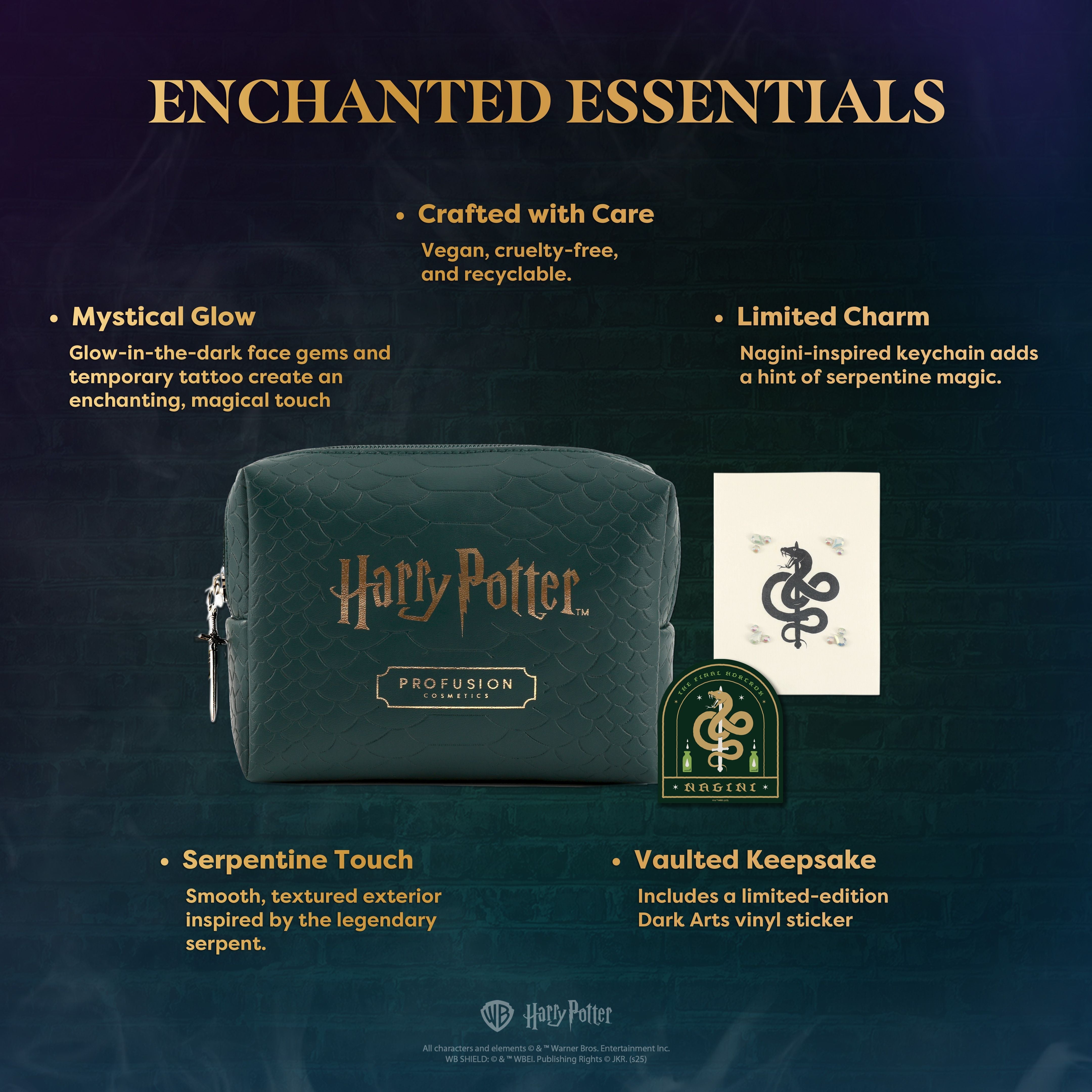 HP Dark Arts Nagini cosmetic bag by Profusion Cosmetics featuring face gems and temporary tattoo accessories.