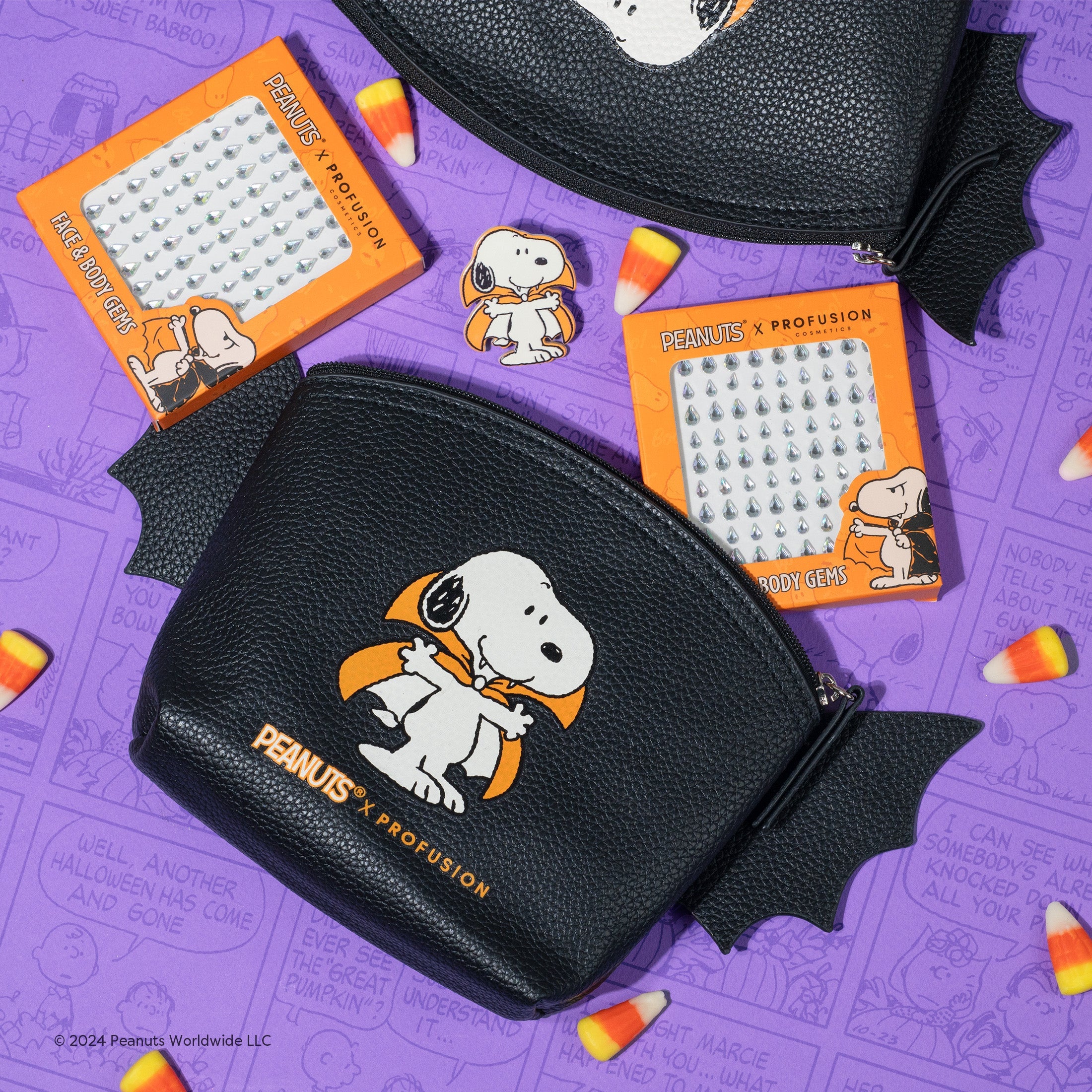 Peanuts Halloween Snoopy cosmetic bag set with gem accents, featuring classic Snoopy design, by Profusion Cosmetics.