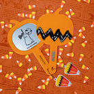 Peanuts Halloween Hello Great Pumpkin handheld mirror by Profusion Cosmetics, featuring festive pumpkin design and colorful accessories.