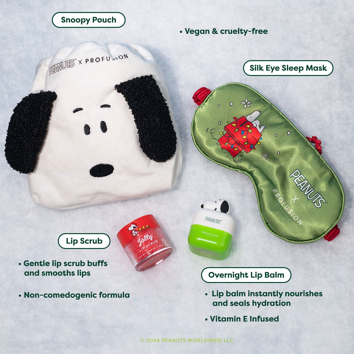 Profusion Cosmetics Peanuts Holiday accessories set featuring festive-themed items for holiday cheer and gifting.