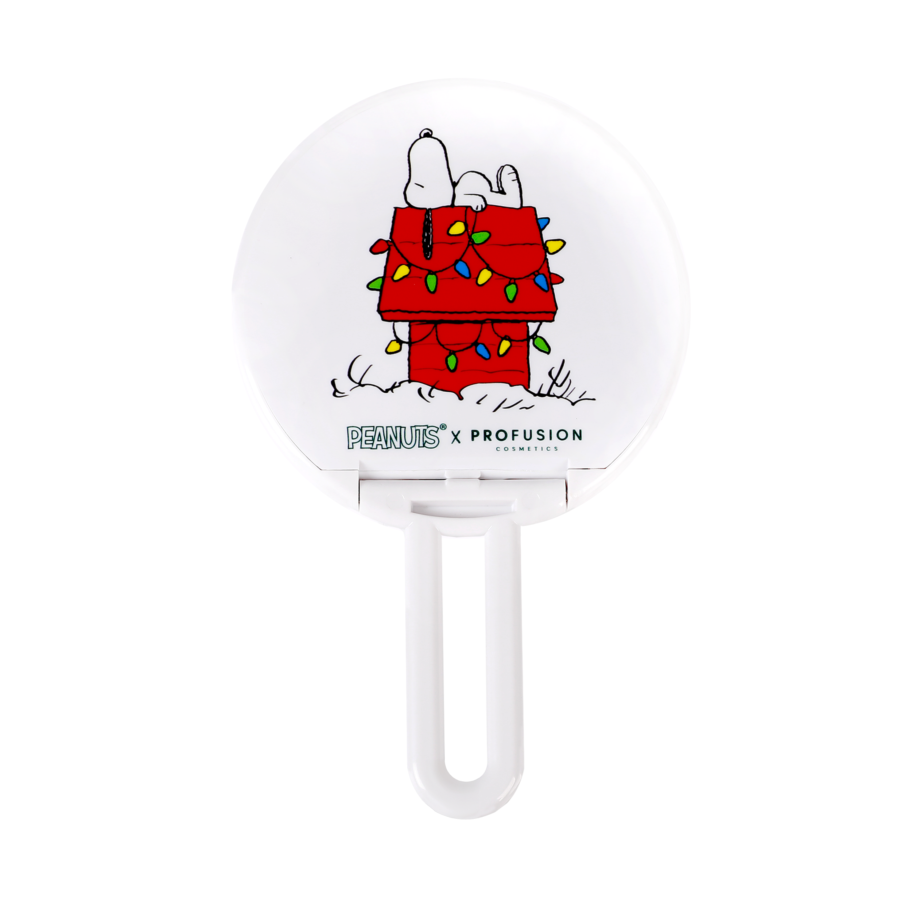 Profusion Cosmetics Peanuts Holiday handheld mirror with festive Peanuts character design, compact accessory for makeup and grooming.