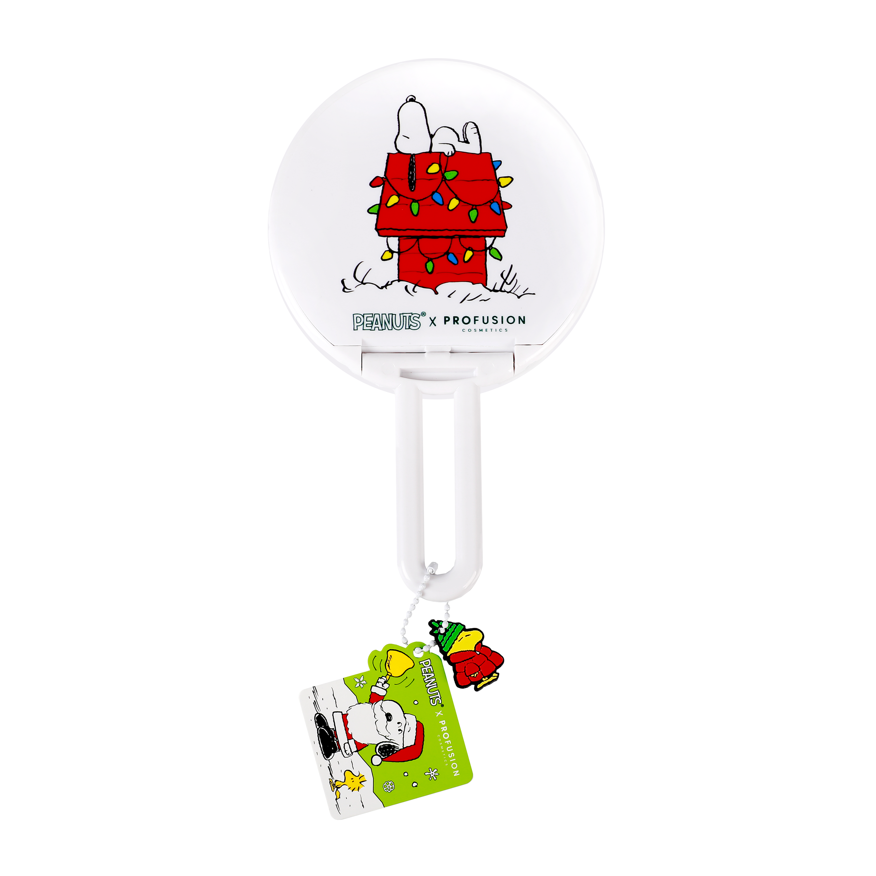 Profusion Cosmetics Peanuts Holiday handheld mirror with colorful cartoon design, perfect for accessories and personal grooming.