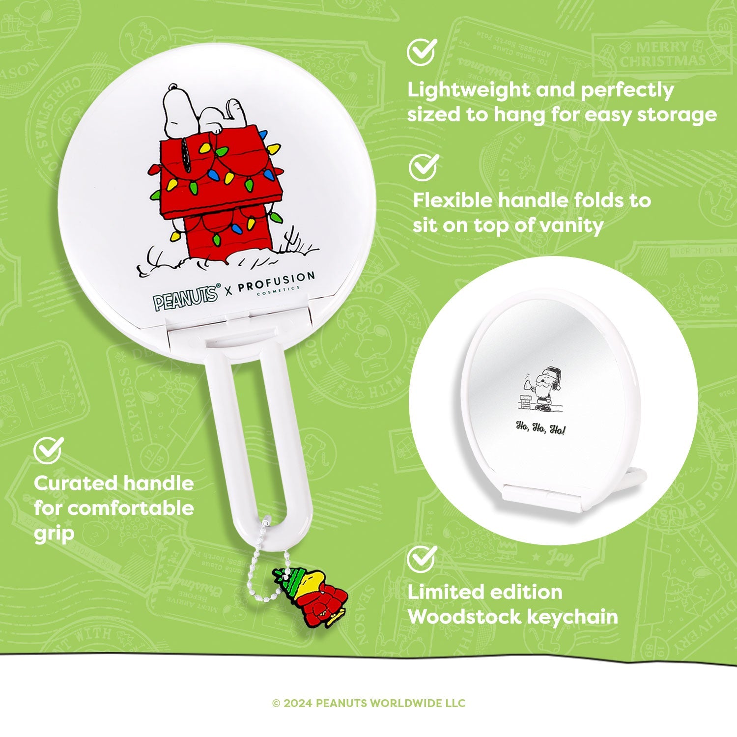 Profusion Cosmetics Peanuts Holiday handheld mirror with festive Peanuts character design, perfect for accessories and reflection.