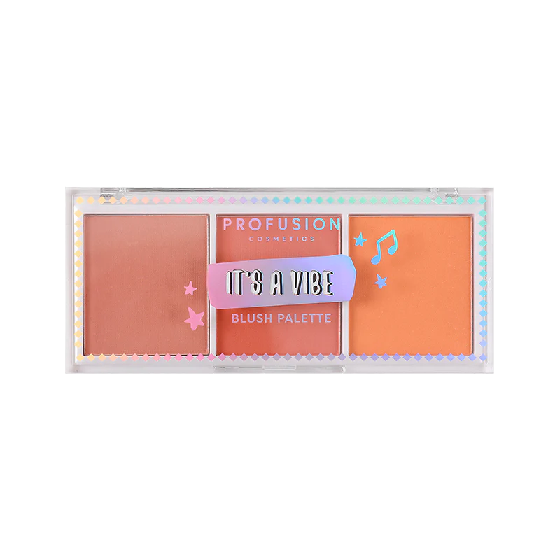 Profusion Cosmetics It's a Vibe Admit One 3-shade blush palette with pink, peach, and mauve blushes in a sleek compact.