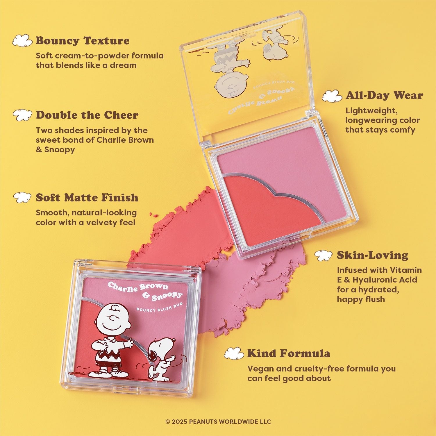 Profusion Cosmetics Peanuts 75th Charlie Brown & Snoopy Bouncy Blush Duo with blush and bronzer in colorful packaging.