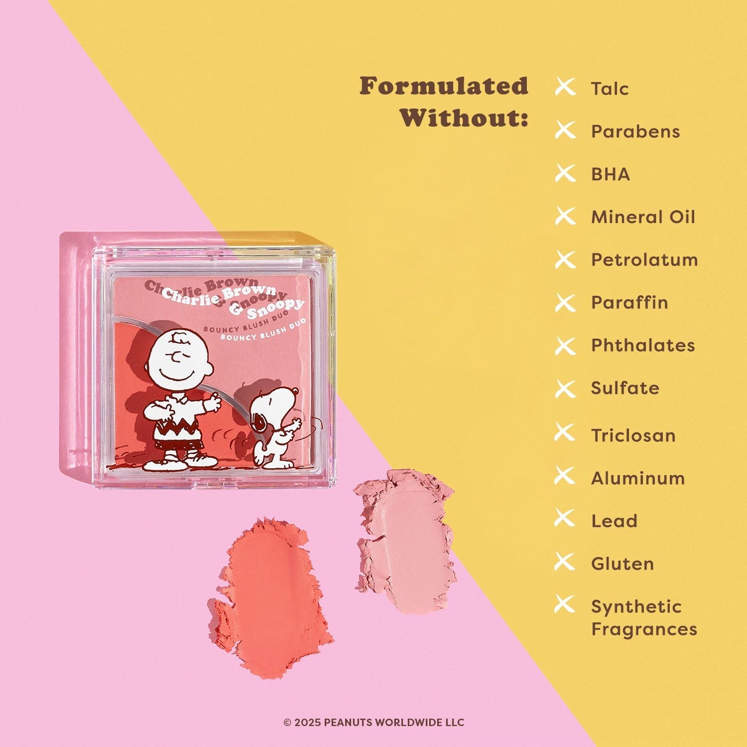 Profusion Cosmetics Peanuts 75th Charlie Brown and Snoopy Bouncy Blush Duo with pink and beige shades in compact packaging.