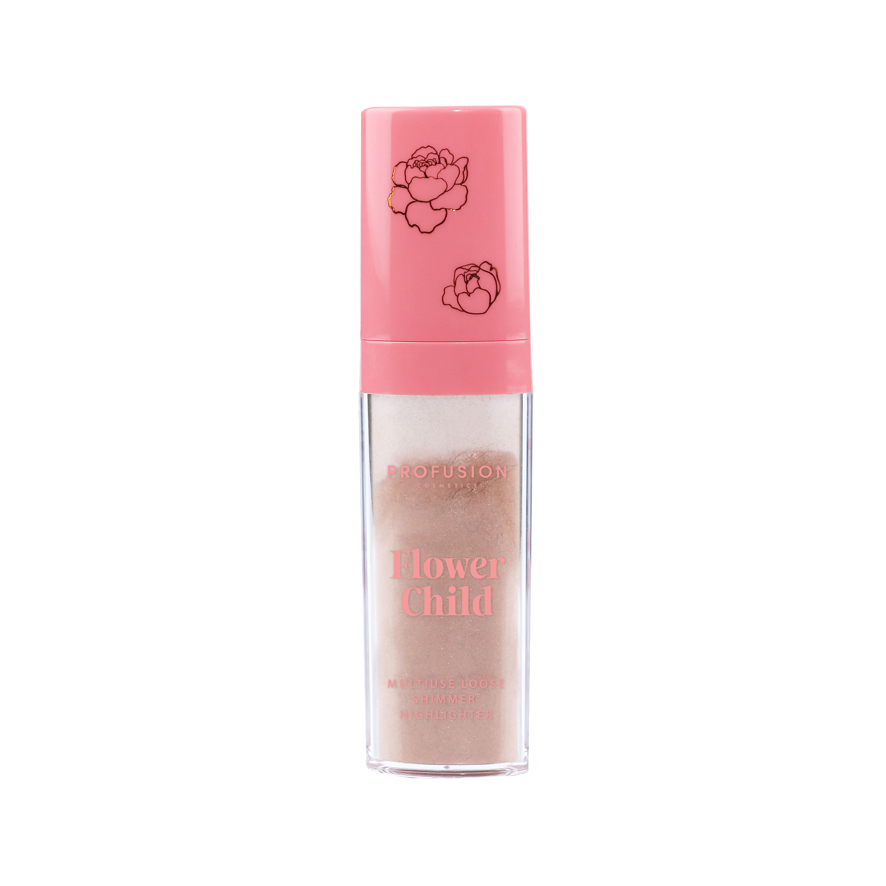 Profusion Cosmetics Petal Perfect Flower Child multi-use loose shimmer highlighter showcasing its soft pink hue and luminous finish.