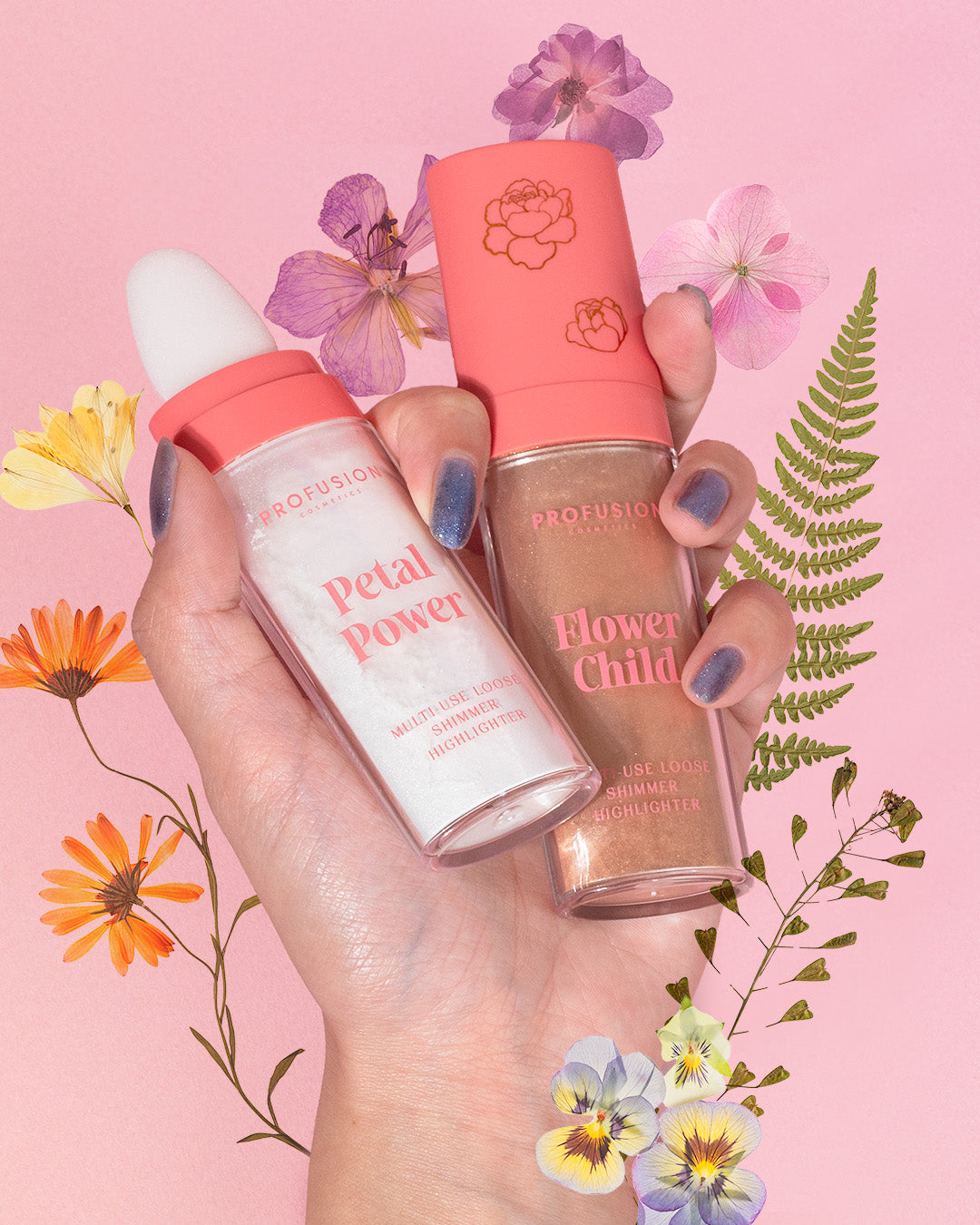 Profusion Cosmetics Petal Perfect Petal Power loose shimmer highlighter with a soft pink blush and luminous glow.