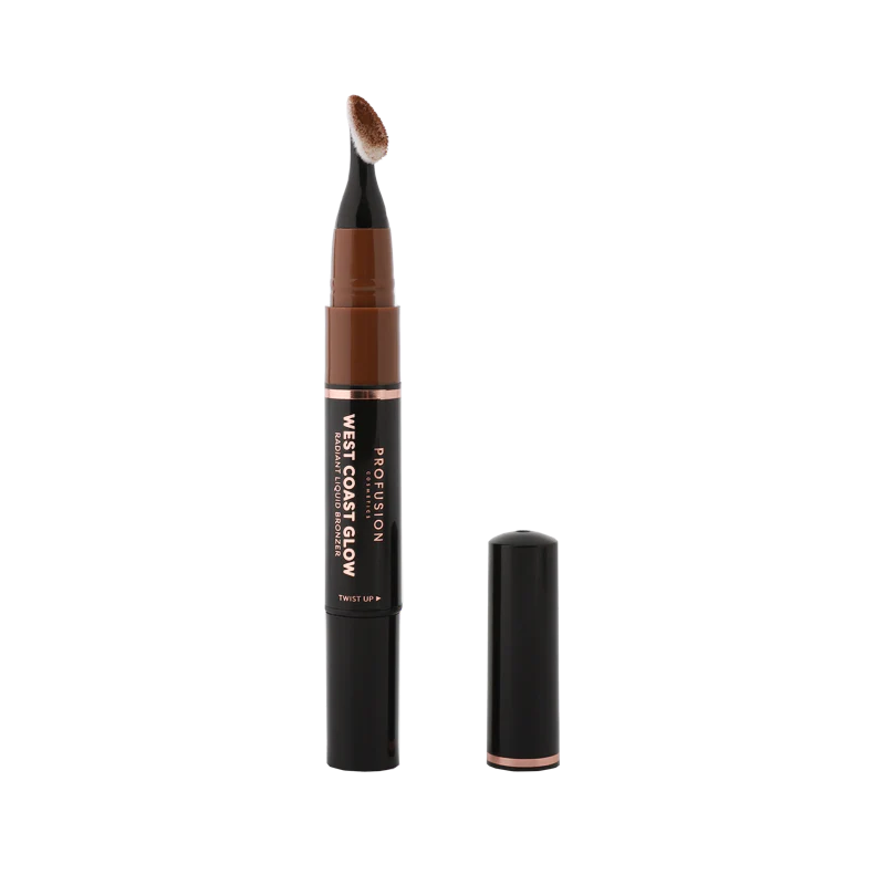 Profusion Cosmetics West Coast Glow Radiant Liquid Bronzer in sleek bottle, blending with skin for a luminous glow.