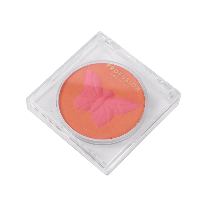 Profusion Cosmetics Empowered Butterfly Social Butterfly Mousse Blush in a vibrant pink shade, displayed in a sleek compact.