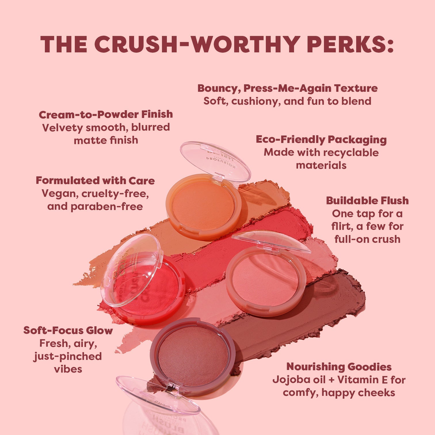 Profusion Cosmetics Peach Crush Bouncy Blush from Blushes & Bronzers collection, showing a vibrant peach-colored blush with a soft, bouncy texture.
