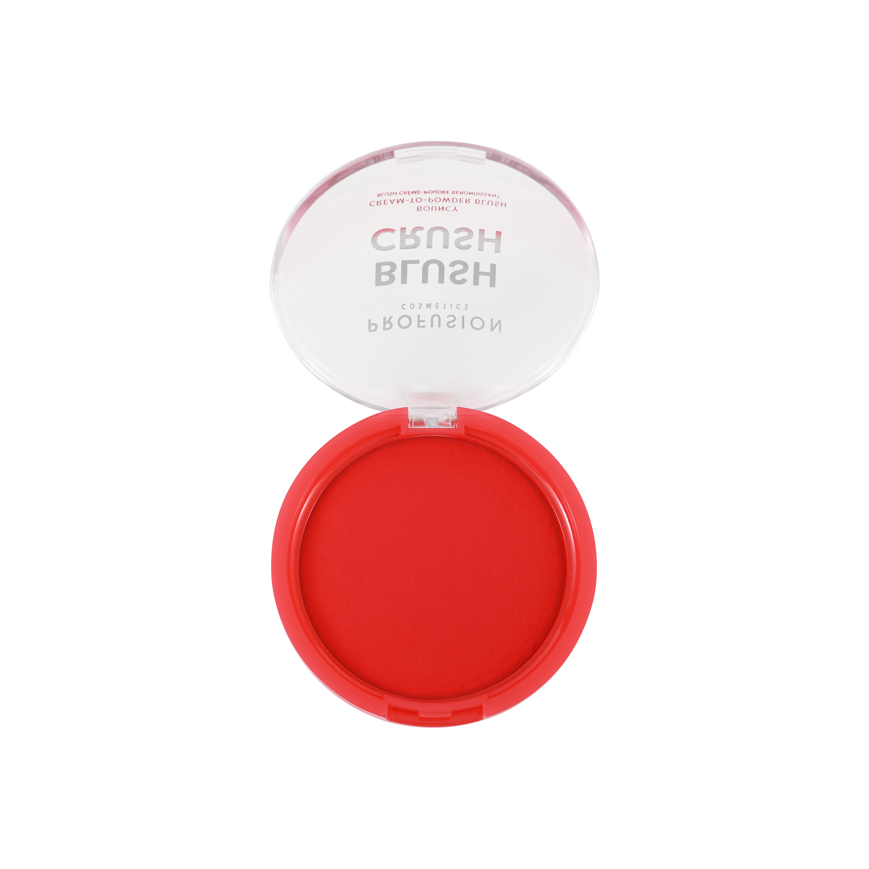 Profusion Cosmetics Blush Crush Peach Bouncy Blush in a vibrant peach shade, showcasing its soft, cushiony texture and compact form.