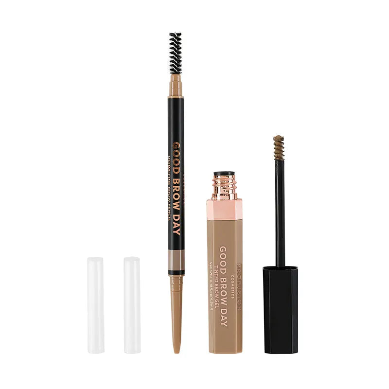 Profusion Cosmetics Good Brow Day 2pc Kit for blonde brows, includes brow gel and pencil, in natural light.