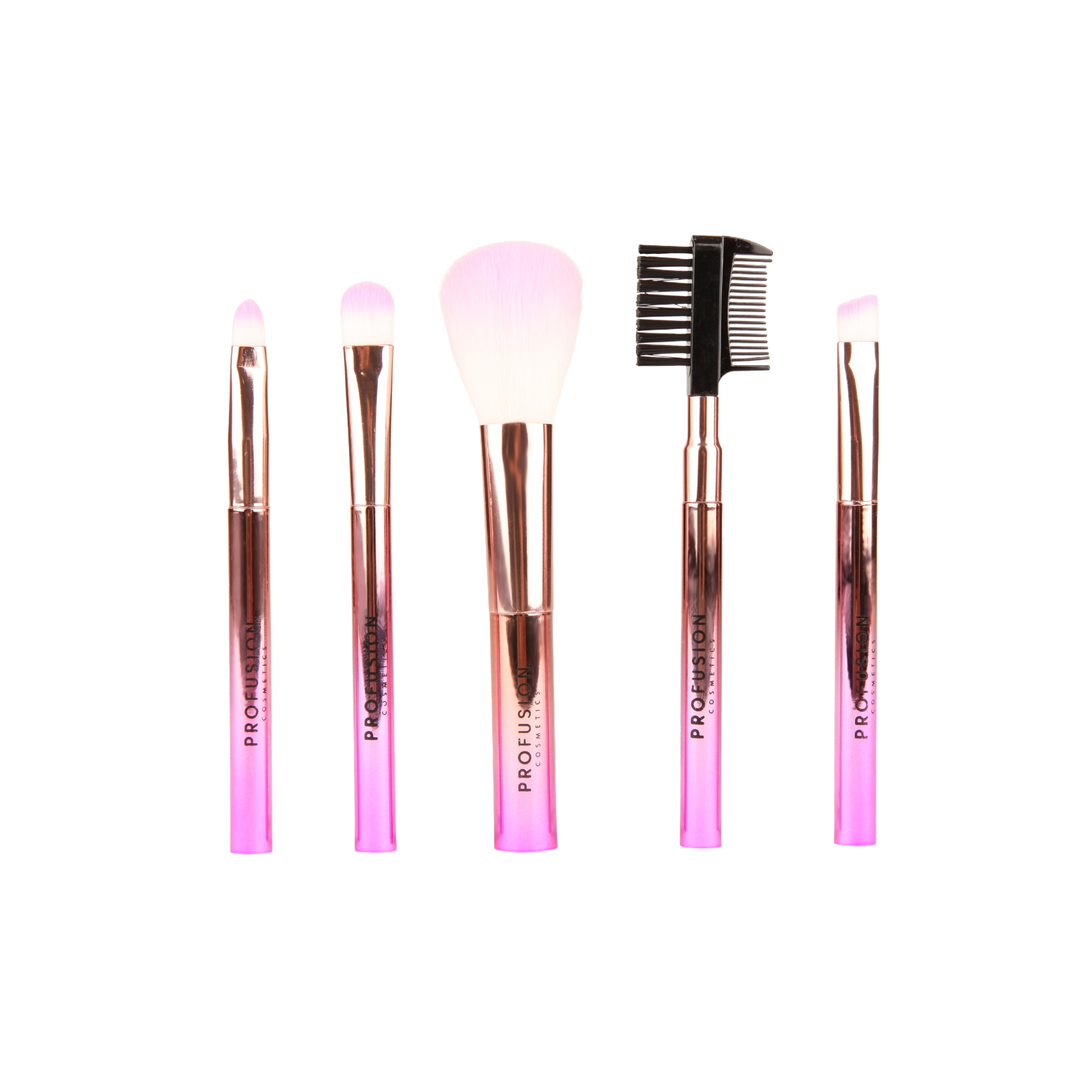 Profusion Cosmetics Crimson Mini Brush Set with five small makeup brushes for precise application and blending.