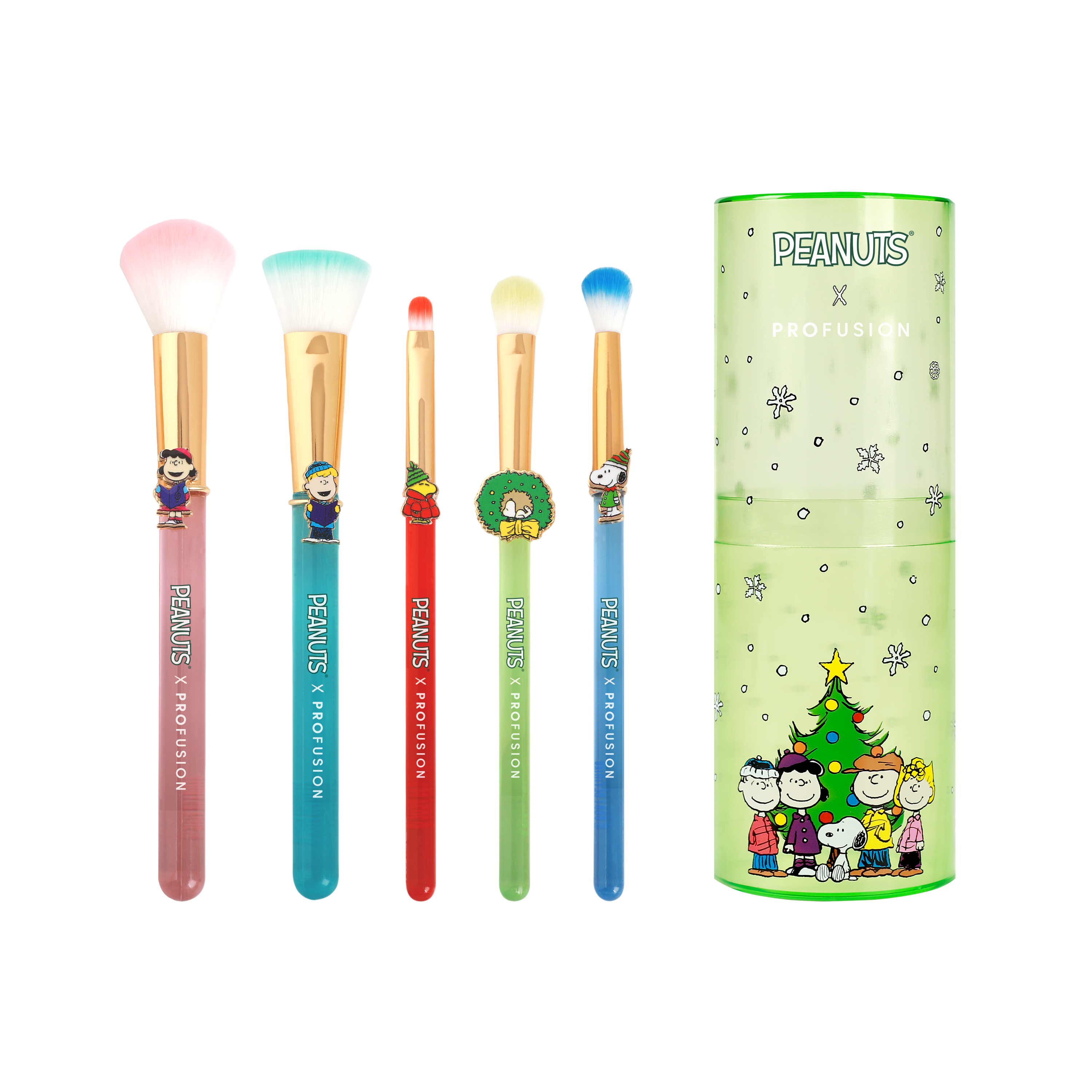 Profusion Cosmetics Peanuts Holiday Merry & Bright brush set with case, featuring colorful makeup brushes on a festive background.