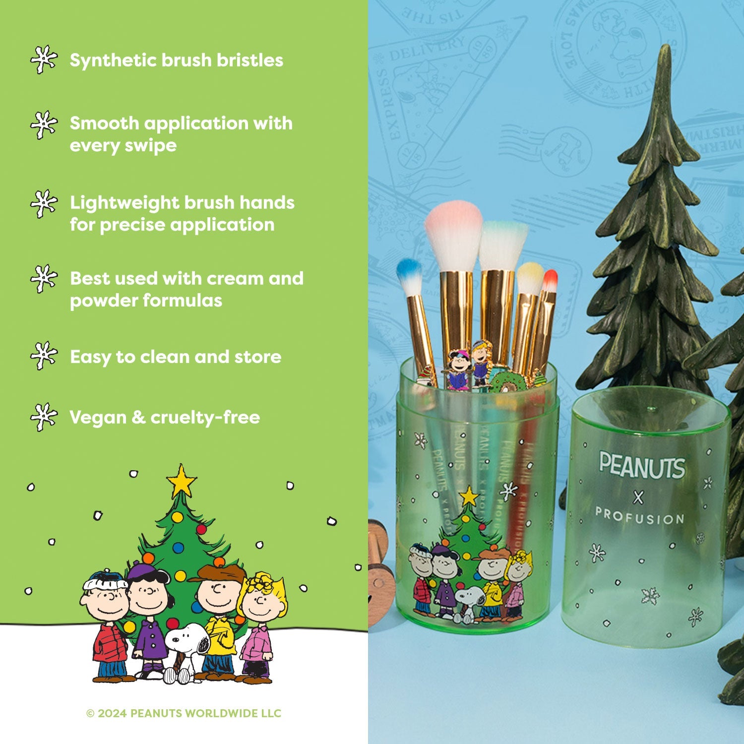 Profusion Cosmetics Peanuts Holiday Merry & Bright brush set with case, featuring colorful makeup brushes for festive looks.